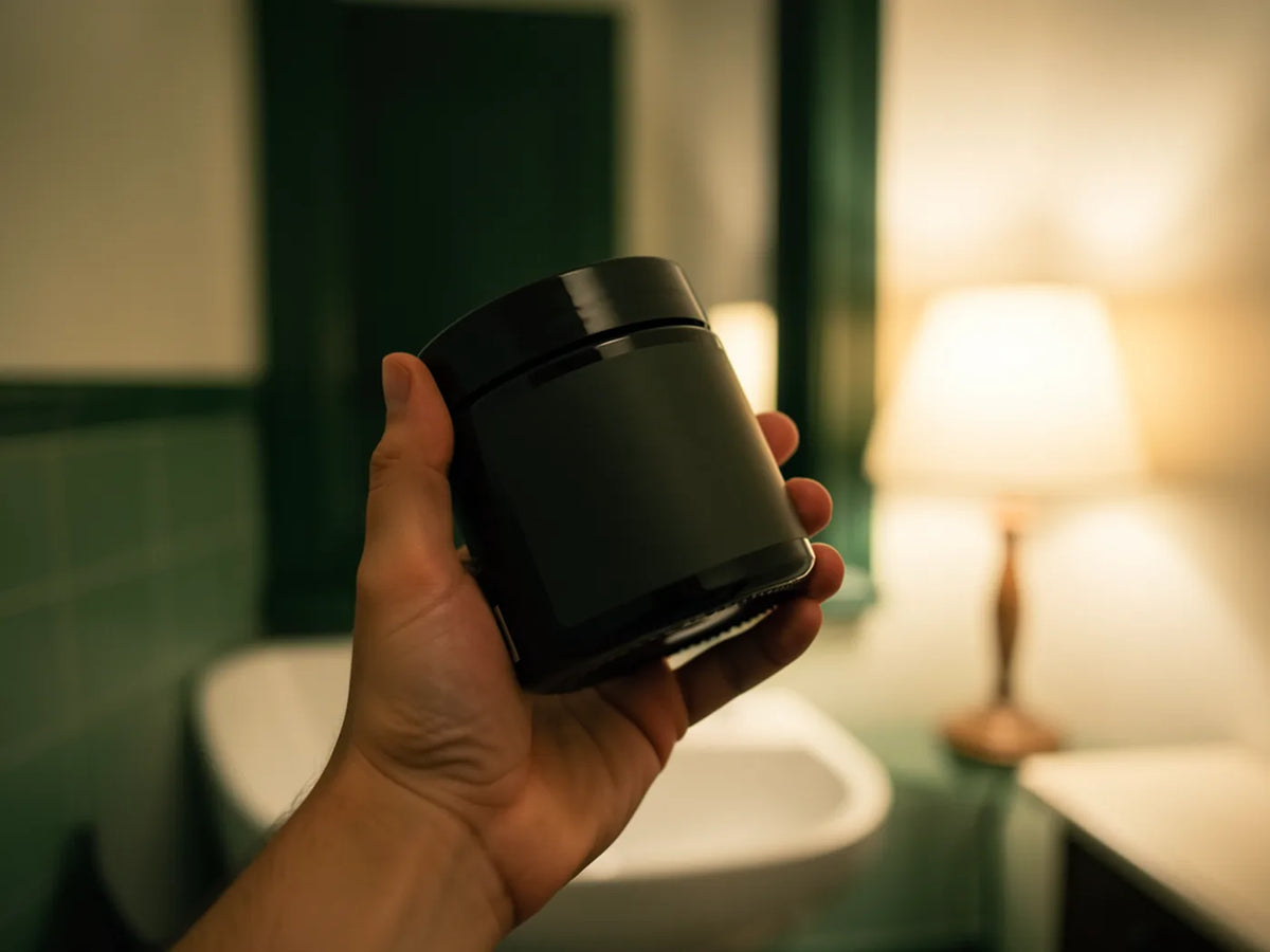 Una mano tiene il barattolo FREOS in bagno, con la luce accesa